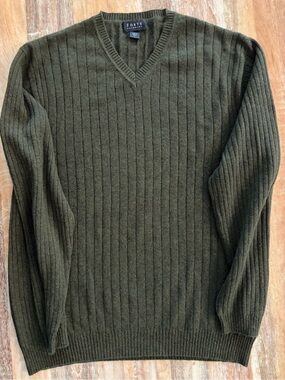Forte Cashmere Sweater Large Olive Green Ribbed V Neck Preppy Gorpcore Layer